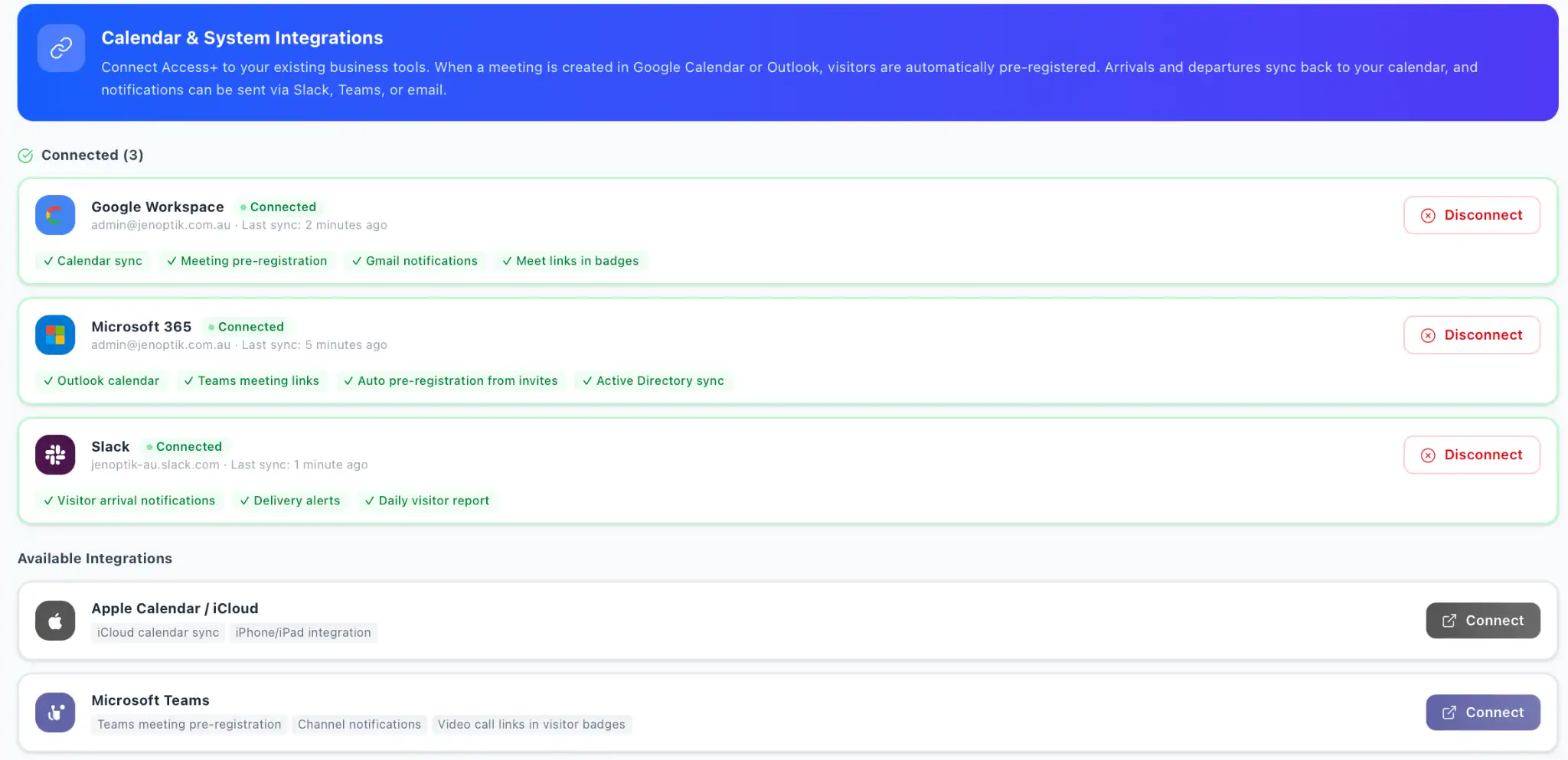 Access+ calendar and system integrations