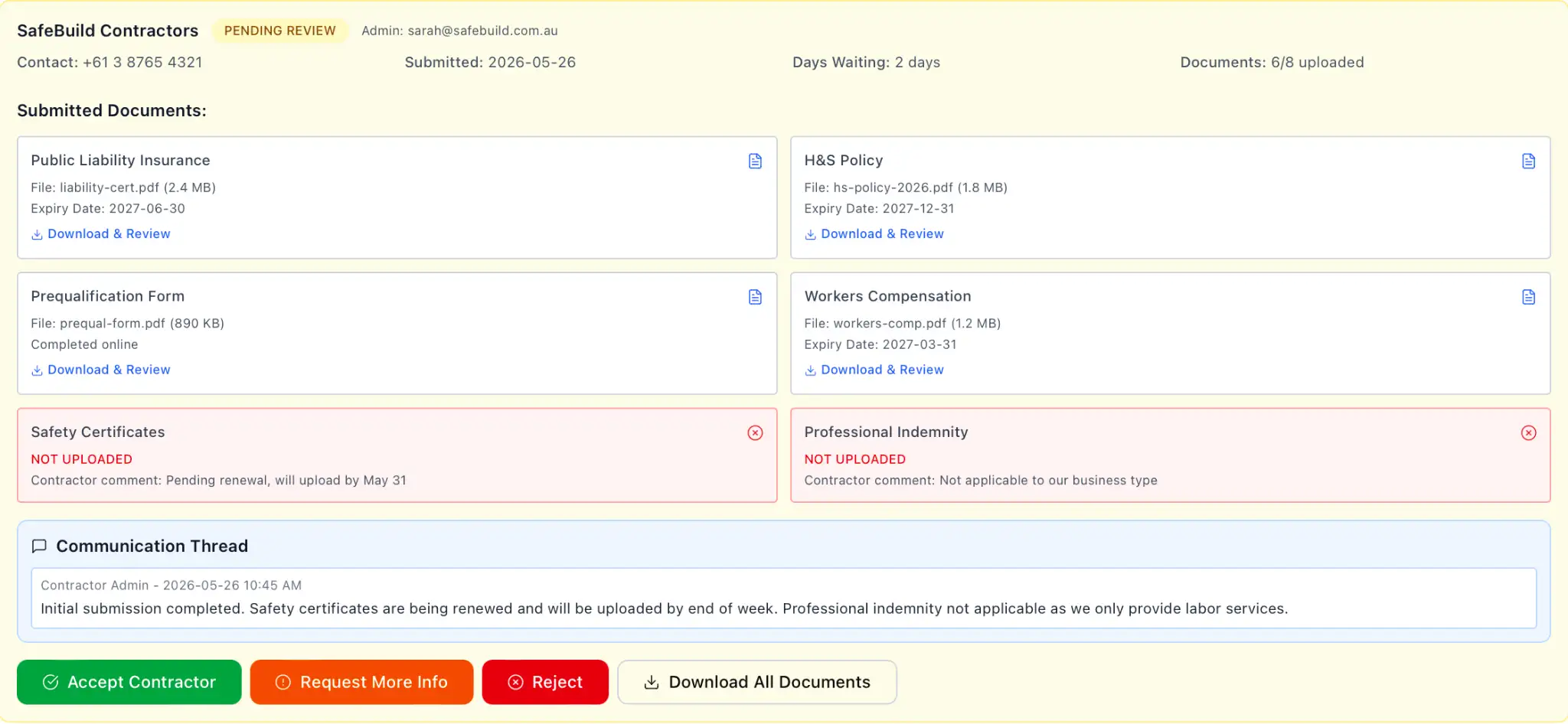 Contractor management example interface