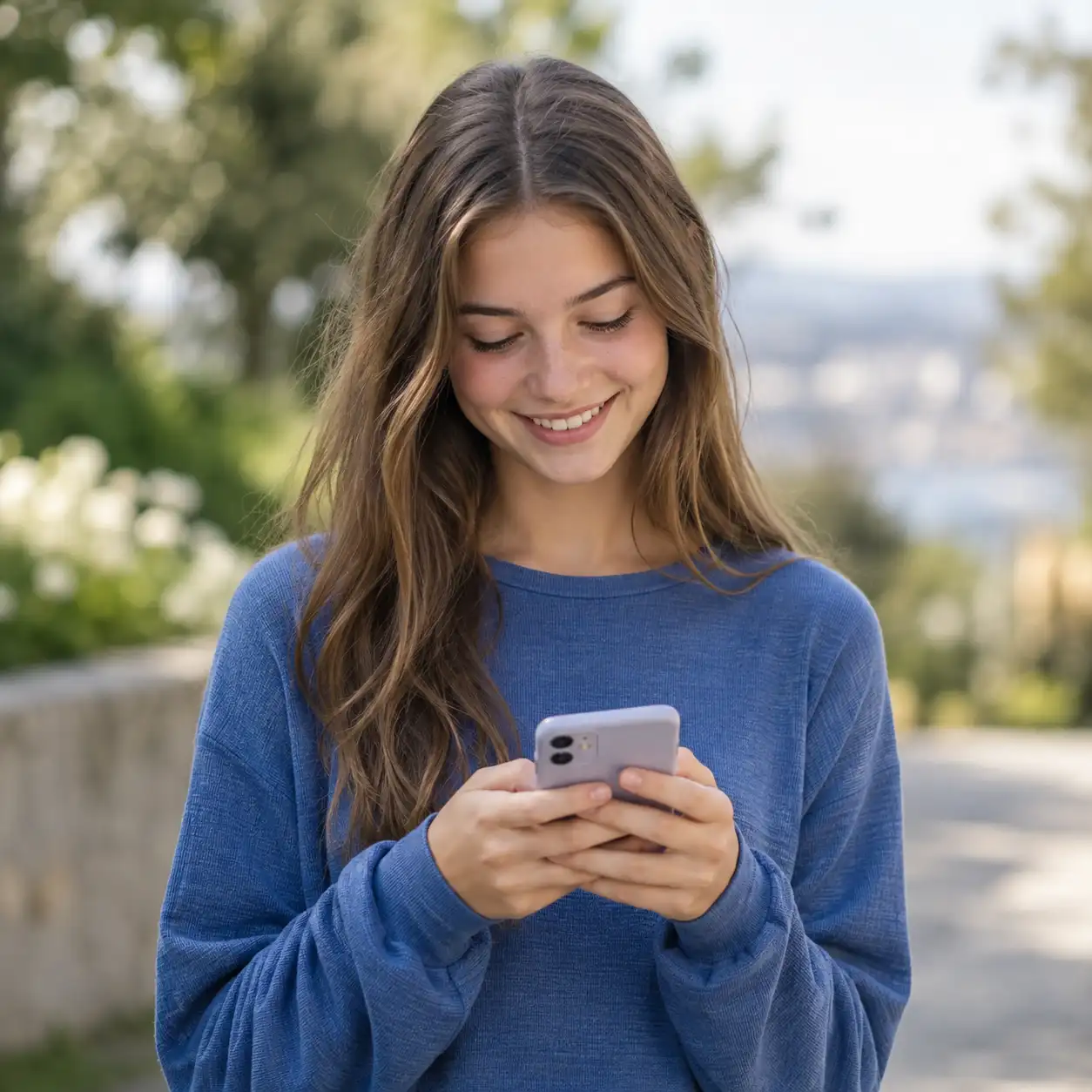 Smiling young girl typing a message on her smartphone